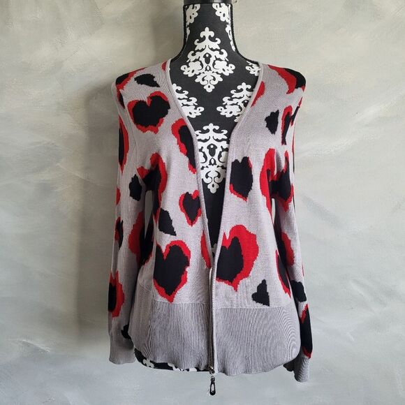 Ashley Stewart Sweaters - Ashley Stewart Hearts Zip Cardigan Gray Black Red Size 12 NWOT